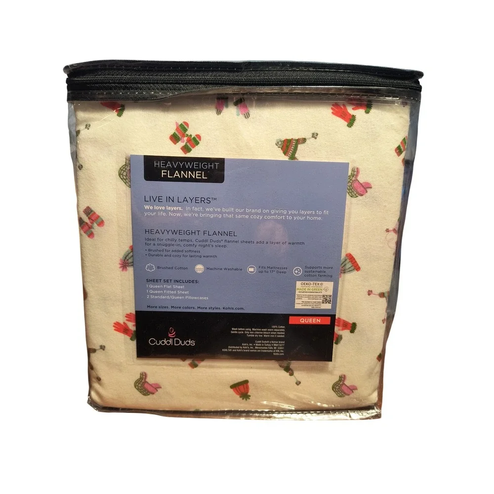 NWT Cuddl Duds‎ Queen Heavyweight Flannel Sheet Set Winter Hats Mittens Cream
